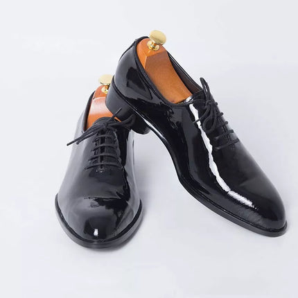 Handmade Men Black Patent Leather Wholecut Oxford Dress Shoes, Formal Shoes