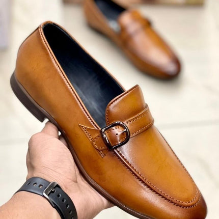 Handmade Men Tan Leather Formal Buckle Slip On Loafers Business Shoes