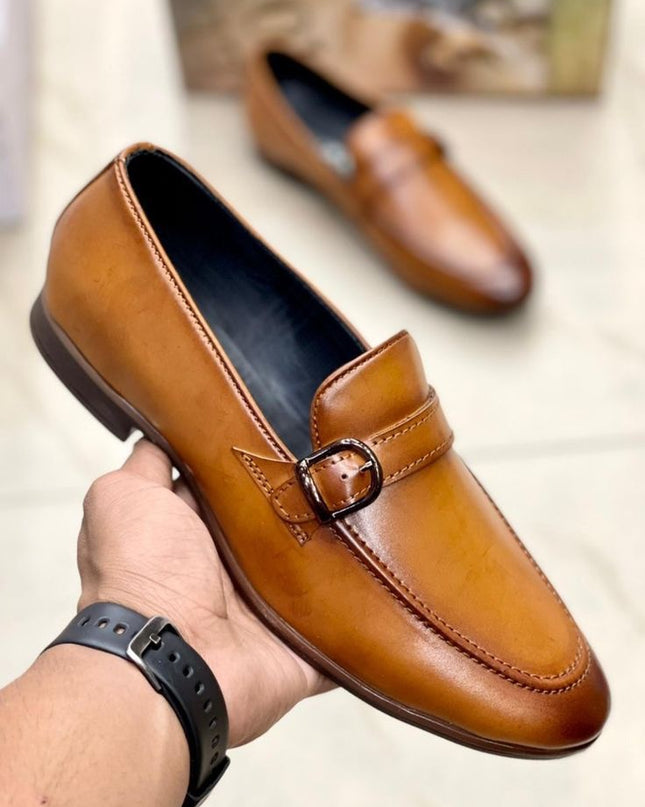 Handmade Men Tan Leather Formal Buckle Slip On Loafers Business Shoes
