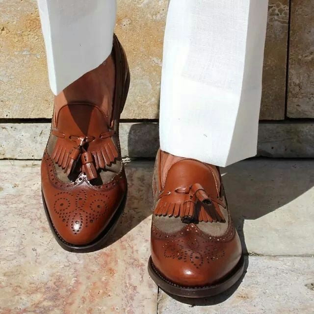 Handmade Men Brown Two Tone Wing Tip Brogue Formal Tassel Slip On Business Shoes
