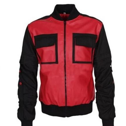 Handmade Men Red and Black Leather Bomber Jacket with Cargo Pockets Jacket For Men