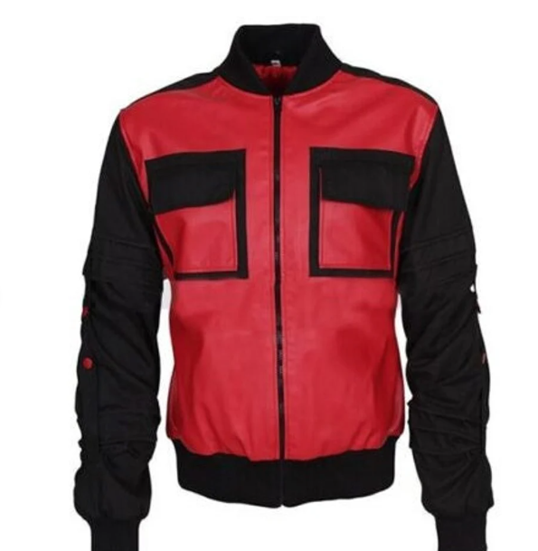 Handmade Men Red and Black Leather Bomber Jacket with Cargo Pockets Jacket For Men