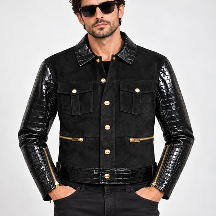 Handmade Men Black Leather Suede Cargo Jacket, Mens Biker Jacket, Casual Leather Suede Jackets