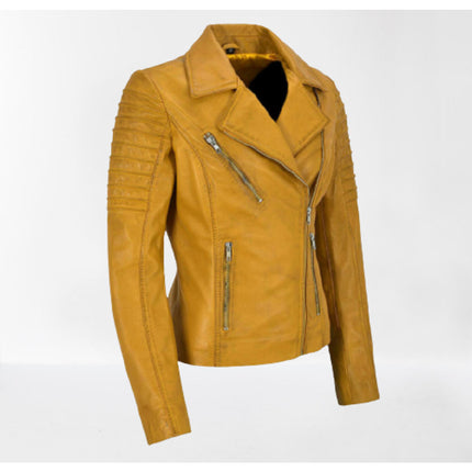 Women Tan Leather Biker Jacket, Tan Street Style Fashion Jacket