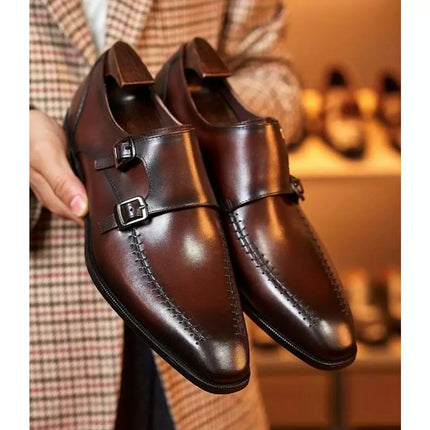New Men Brown Leather Handmade Double Monk Shoes, Men Brown Buckle Dress Shoes