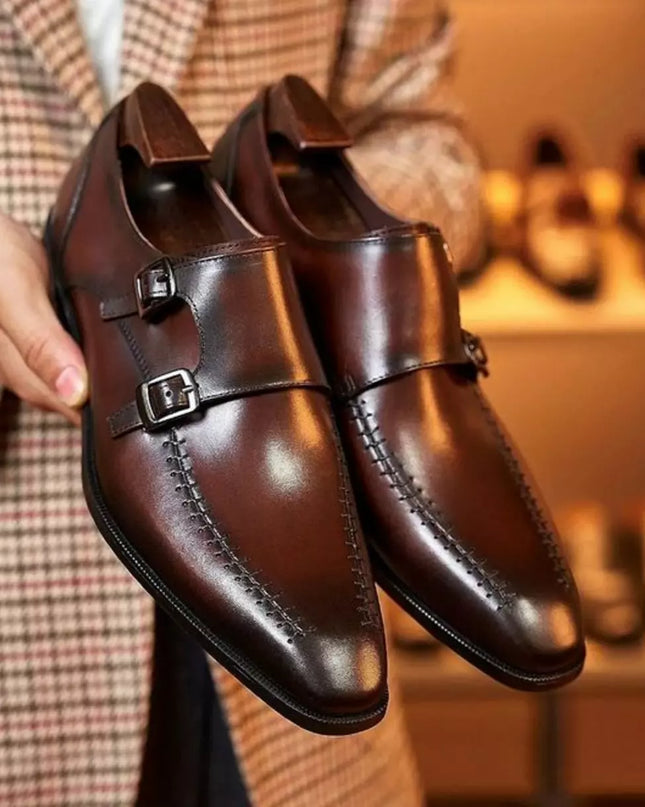 New Men Brown Leather Handmade Double Monk Shoes, Men Brown Buckle Dress Shoes
