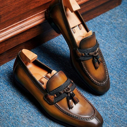 Handmade Shaded Dark Brown Men Formal Tassels Slip On Business Shoes