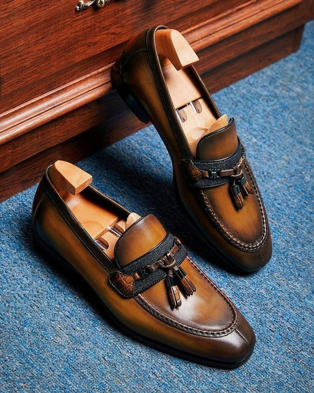 Handmade Shaded Dark Brown Men Formal Tassels Slip On Business Shoes