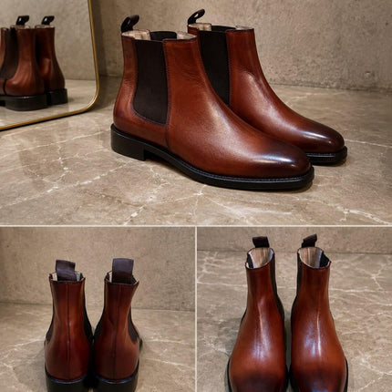 Handmade men brown leather chelsea ankle boots