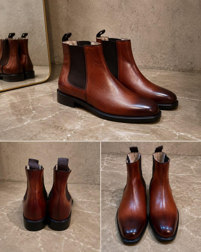 Handmade men brown leather chelsea ankle boots