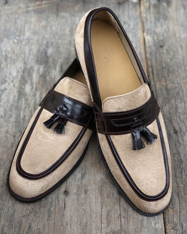 Handmade New Beige Men Suede Tassels Moccasins Formal Slip On Business Shoes