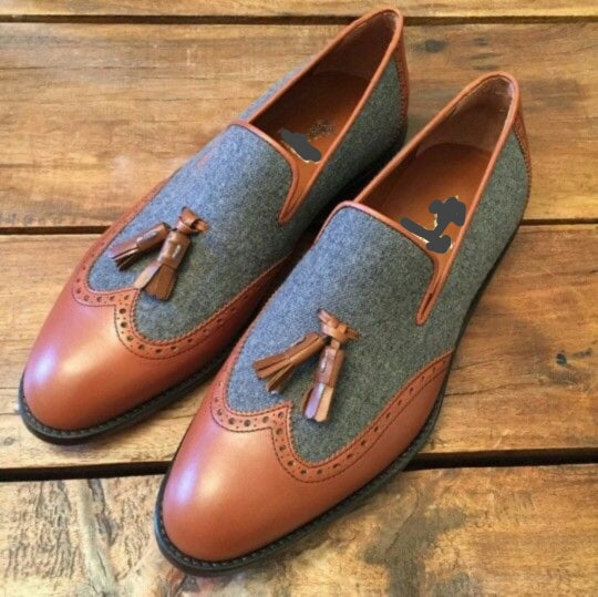 Handmade Men Two Tone Wing Tip Brogue Moccasins Tassels Formal Business Shoes