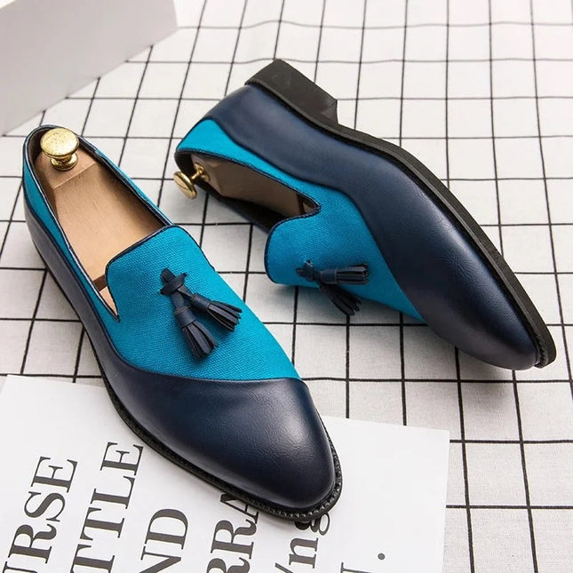 Handmade Men Stylish Blue Two Tone Blue Moccasins Tassels Formal Business Shoes