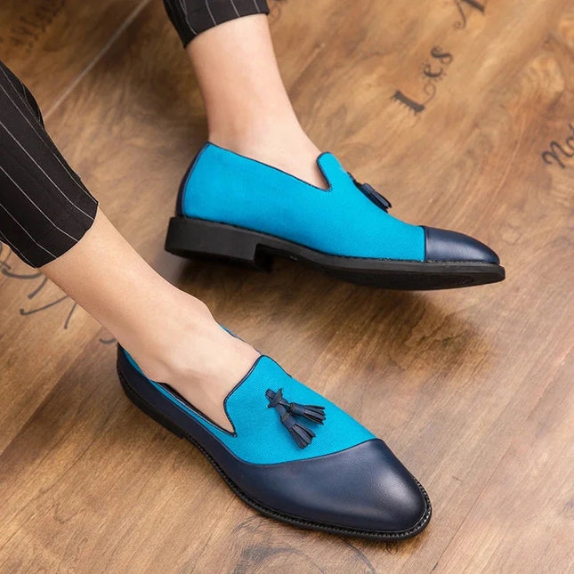 Handmade Men Stylish Blue Two Tone Blue Moccasins Tassels Formal Business Shoes