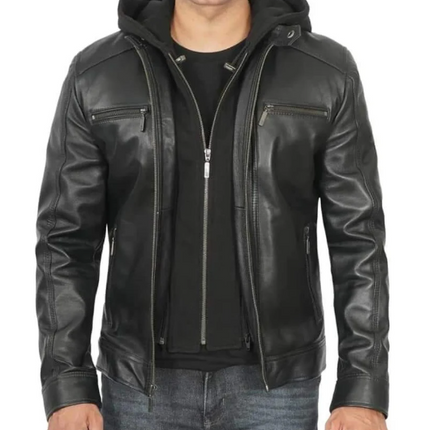 Handmade Men’s Black Leather Jacket With Hoodie, Moto Style Jacket, Hooded Jacket For Men