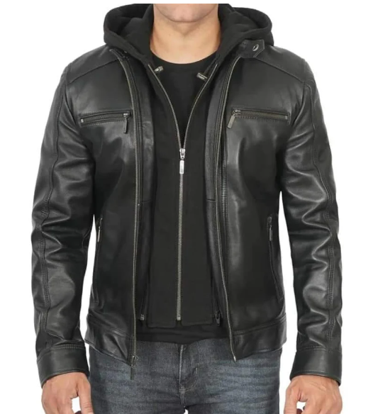 Handmade Men’s Black Leather Jacket With Hoodie, Moto Style Jacket, Hooded Jacket For Men