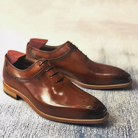Handmade men brown stitched leather shoes, men good year welted dress shoes men’s
