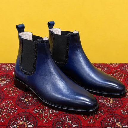 Handmade men shaded blue leather chelsea ankle boots, Dress boots for mens