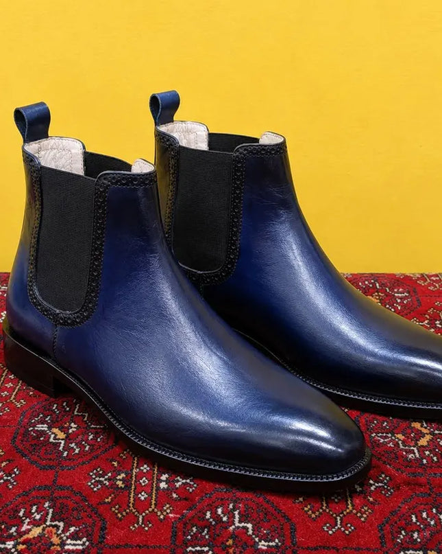Handmade men shaded blue leather chelsea ankle boots, Dress boots for mens