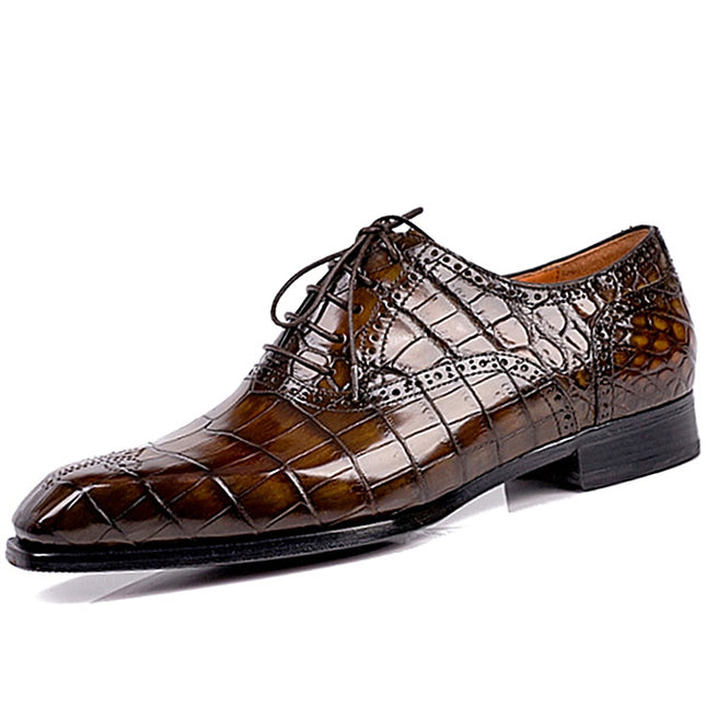 Handmade Men Tan Brown Crocodile Leather Lace Up Dress Shoes, Business Shoes