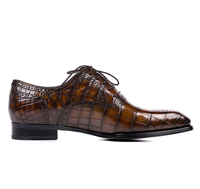 Handmade Men Tan Brown Crocodile Leather Lace Up Dress Shoes, Business Shoes