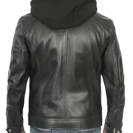 Handmade Men’s Black Leather Jacket With Hoodie, Moto Style Jacket, Hooded Jacket For Men