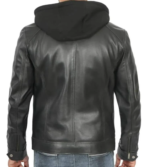 Handmade Men’s Black Leather Jacket With Hoodie, Moto Style Jacket, Hooded Jacket For Men