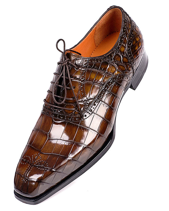 Handmade Men Tan Brown Crocodile Leather Lace Up Dress Shoes, Business Shoes