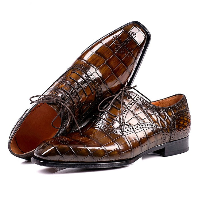 Handmade Men Tan Brown Crocodile Leather Lace Up Dress Shoes, Business Shoes