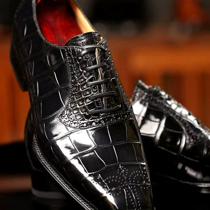 Handmade Men Black Crocodile Leather Lace Up Dress Shoes, Business Shoes