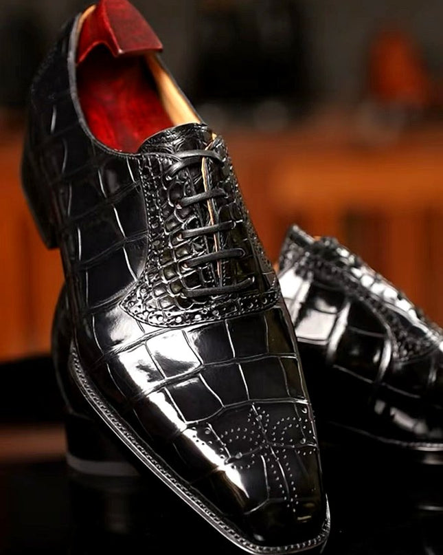 Handmade Men Black Crocodile Leather Lace Up Dress Shoes, Business Shoes