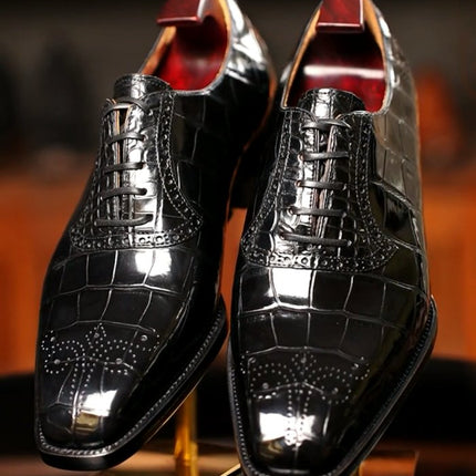 Handmade Men Black Crocodile Leather Lace Up Dress Shoes, Business Shoes
