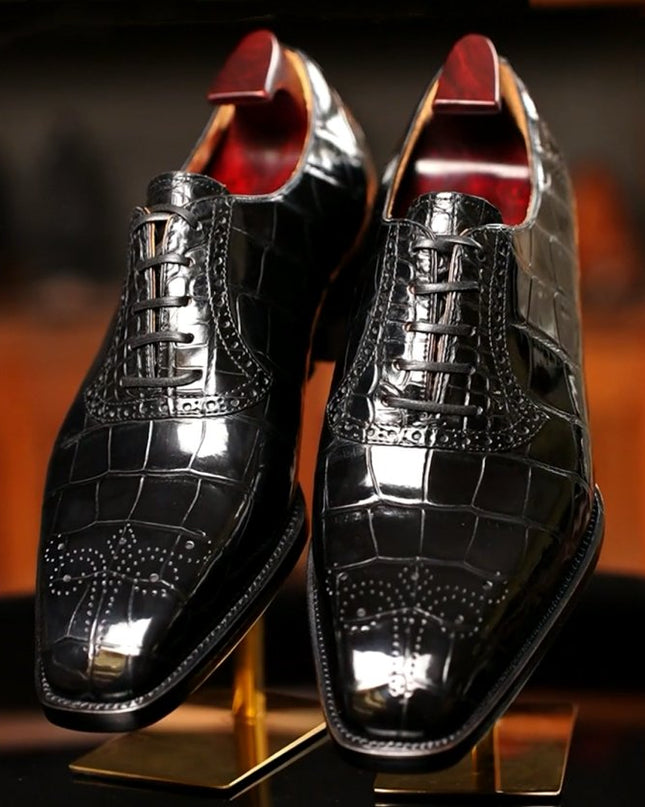 Handmade Men Black Crocodile Leather Lace Up Dress Shoes, Business Shoes