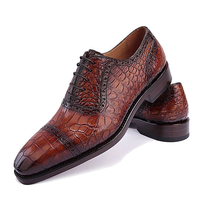Handmade Men Shaded Brown Crocodile Leather Lace Up Dress Shoes, Business Shoes