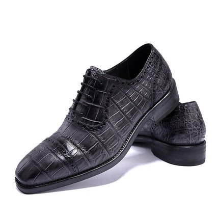 Handmade Men Shaded Gray Crocodile Leather Lace Up Dress Shoes, Business Shoes