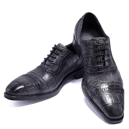 Handmade Men Shaded Gray Crocodile Leather Lace Up Dress Shoes, Business Shoes
