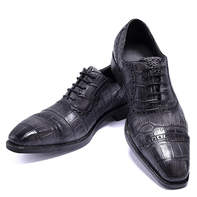 Handmade Men Shaded Gray Crocodile Leather Lace Up Dress Shoes, Business Shoes