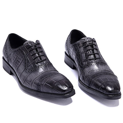 Handmade Men Shaded Gray Crocodile Leather Lace Up Dress Shoes, Business Shoes