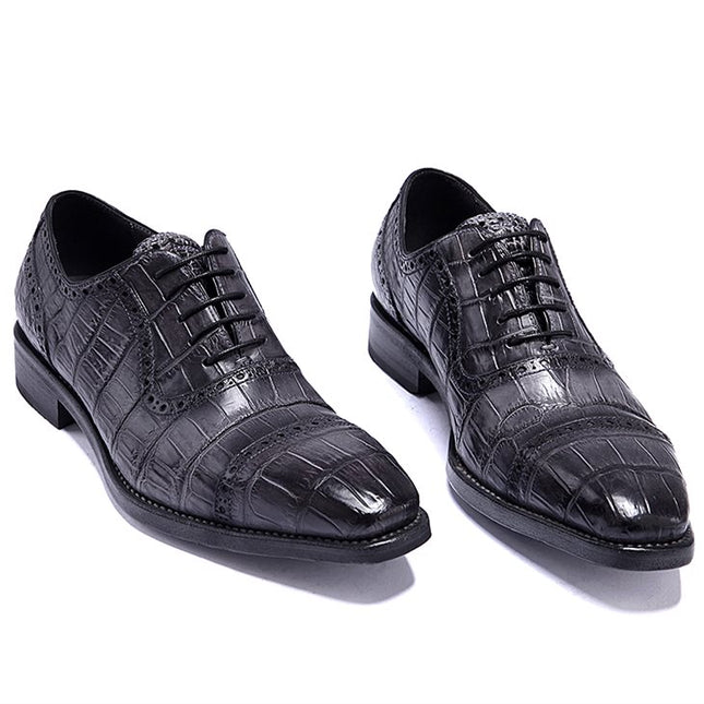 Handmade Men Shaded Gray Crocodile Leather Lace Up Dress Shoes, Business Shoes