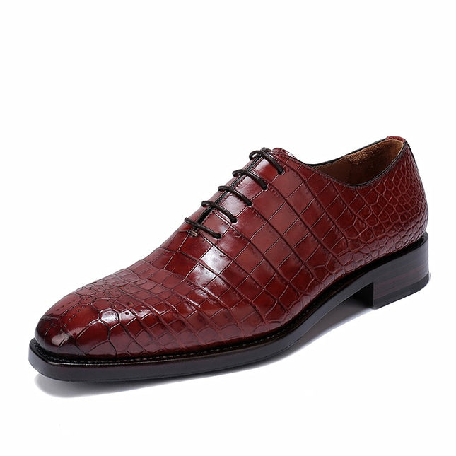 Handmade New Burgundy Men Crocodile Leather Lace Up Dress Shoes, Business Shoes