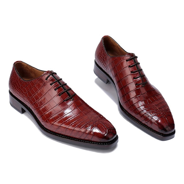 Handmade New Burgundy Men Crocodile Leather Lace Up Dress Shoes, Business Shoes