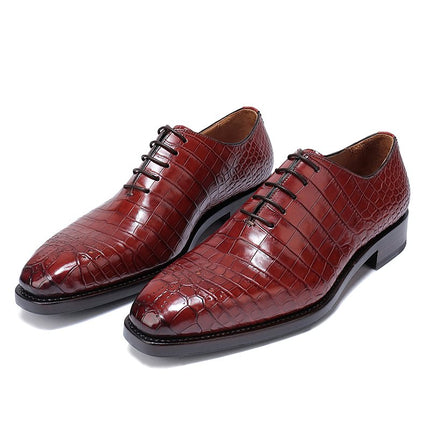 Handmade New Burgundy Men Crocodile Leather Lace Up Dress Shoes, Business Shoes