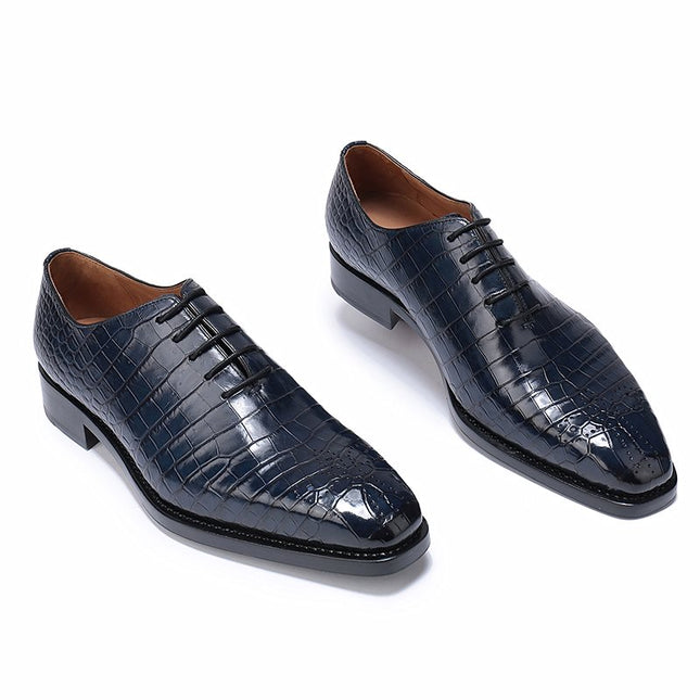 Handmade New Blue Men Crocodile Leather Lace Up Dress Shoes, Business Shoes