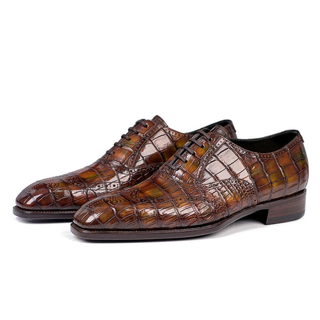 Handmade New Crocodile Shaded Tan Leather Lace Up Dress Shoes, Business Shoes