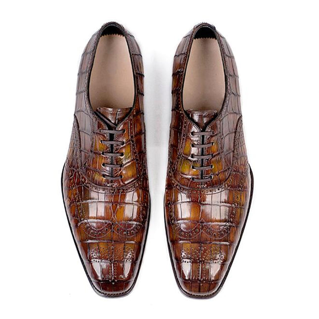 Handmade New Crocodile Shaded Tan Leather Lace Up Dress Shoes, Business Shoes
