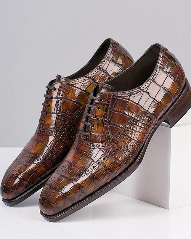 Handmade New Crocodile Shaded Tan Leather Lace Up Dress Shoes, Business Shoes