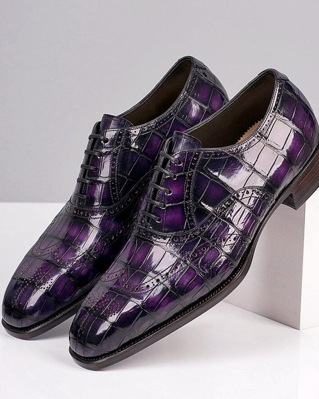 Handmade New Crocodile Shaded Purple Leather Lace Up Dress Shoes, Business Shoes
