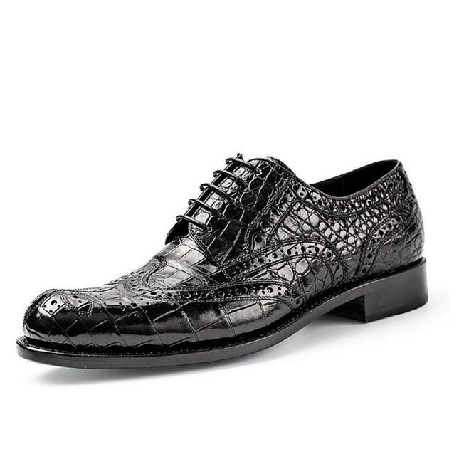 Handmade Black Wing Tip Crocodile Leather Derby Laces Dress Shoes, Business Shoe