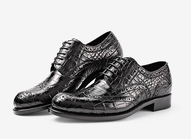 Handmade Black Wing Tip Crocodile Leather Derby Laces Dress Shoes, Business Shoe