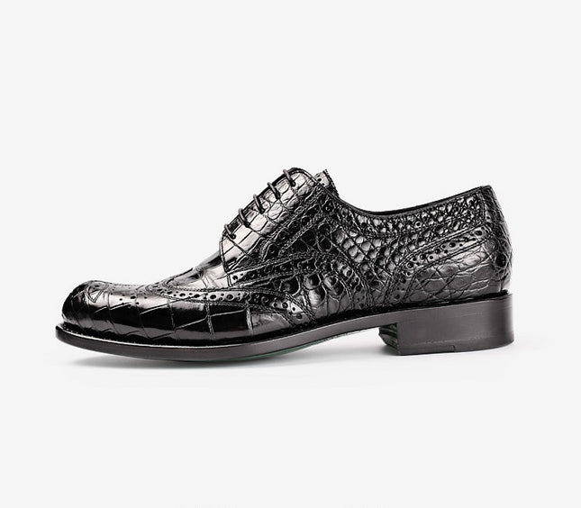 Handmade Black Wing Tip Crocodile Leather Derby Laces Dress Shoes, Business Shoe